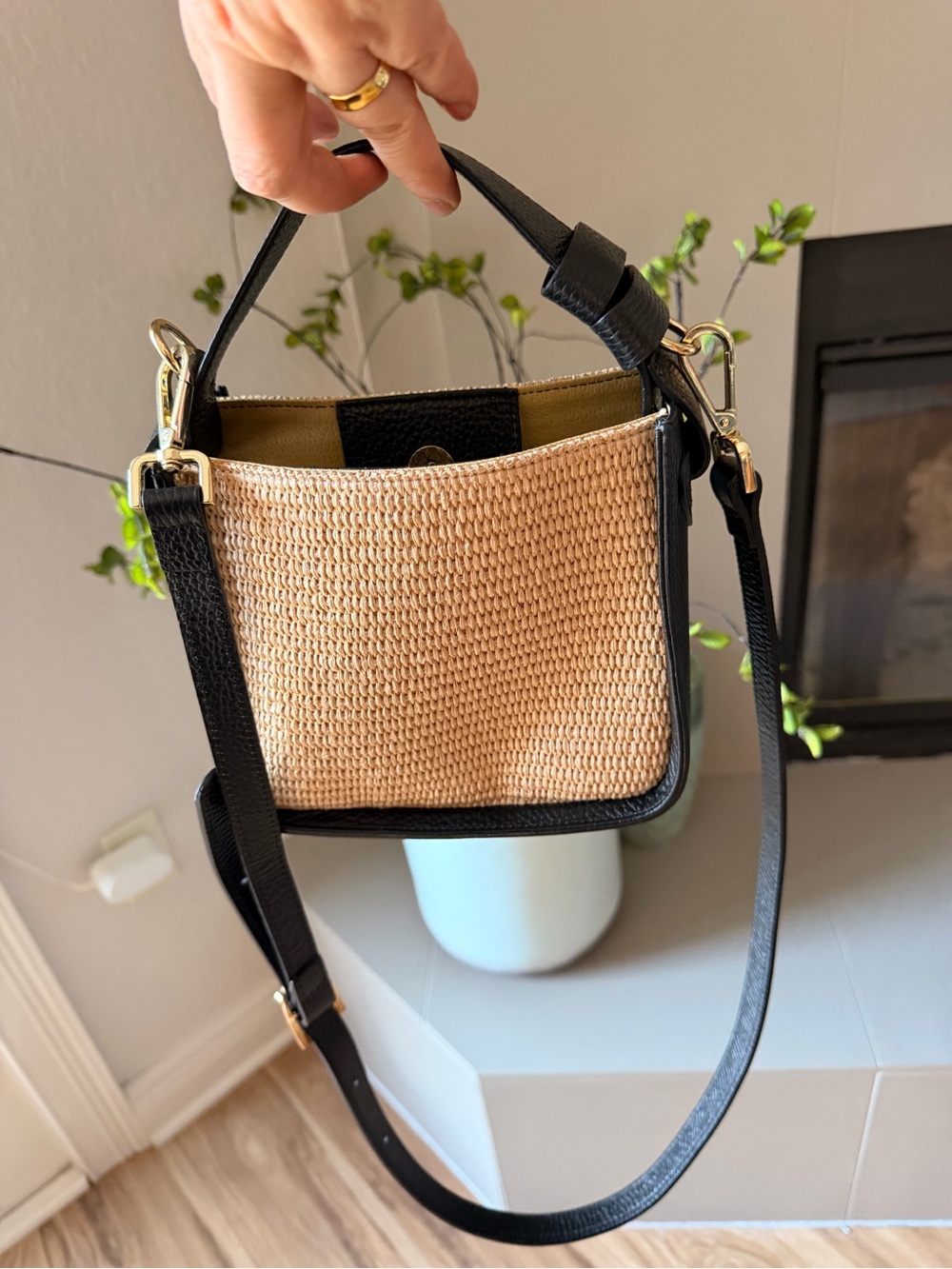 Made in Italy Raffia and Pebble Leather Crossbody Black Trim Bucket Unique